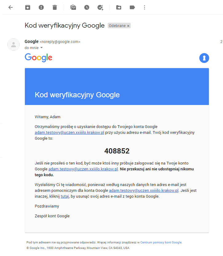 Wiadomość Kod weryfikacyjny Google